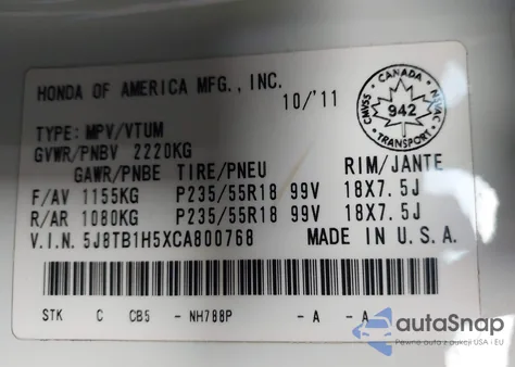 2012 Acura Rdx from USA, damaged, VIN 5J8TB1H5XCA800768